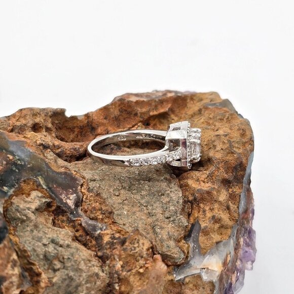 Sterling Silver 925 Halo Engagement Ring Size 3.75 Cushion Cut Cubic Zirconia - Picture 7 of 8